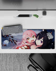 Cozy chaos anime girl mouse pad 32x12 inches in gray water tones with blush pops and snowy specks.