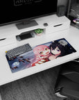 Anime duo desk mat mouse pad 32x12 inches, pink-haired cutie clinging by cool water with floating faces.