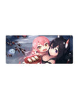 Anime girl mouse pad 28x12 inches with pink-haired cuddle and fox-eared black-haired smirk in snowy water scene.