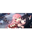Anime girl desk pad 36x16 inches with pink-haired cuddle and fox-eared black-haired smirk in snowy water scene.