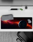 Cozy moody 32x12 inches mouse pad in smoky purples and midnight tones with a fiery orange comet glow.