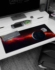 Blue planet and orange nebula scene desk pad 36x16 inches, starry deep space desktop mat.