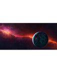 Space nebula desk pad 36x16 inches with starscape and blue planet, cosmic gaming mouse mat.