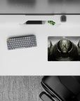 14x10 inches anime mouse pad in smoky greys and brushed metal, red sparks, dark gritty raid mood.