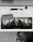 32x12 inches anime mouse pad in smoky greys and brushed steel highlights, with red sparks and a dark mood.
