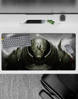 Dark smoky grey and brushed metal anime mouse pad with red sparks, battle-worn mood, 32x16 inches.