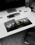 28x12 inches anime mouse pad showing a steel giant with horned pauldrons, furious glowing eyes, sparks.