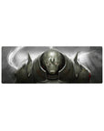 32x12 inches anime mouse pad with a horned armored warrior helmet, metal textures, and battle-worn sparks.