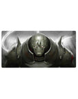 Steel armored anime warrior desk mouse pad with horned pauldrons and glowing eyes, 32x16 inches.