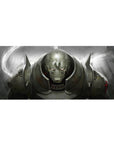Anime desk pad 36x16 inches featuring a horned armored warrior helmet with sparks and battle-worn details.