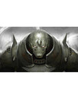 40x20 inches anime desk pad with horned armored warrior helmet, brushed metal highlights, and red spark details.