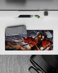 Anime girl mouse pad 28x12 inches in midnight blues and hot embers, fiery motion lines and ominous sky giant.