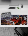 32x12 inches anime girl mouse pad in midnight blues and fiery gold, intense stormy motion with chilling backdrop.