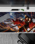 Fiery ember swirls and midnight blues anime desk pad with brass-trim uniform, 40x20 inches.