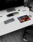 Anime girl mouse pad 14x10 inches with fierce captain diving, hair streaming, skeletal giant looming above.