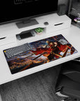 32x16 inches anime girl mouse pad showing fierce commander diving through spearstorm, cape whipping, sharp smile.
