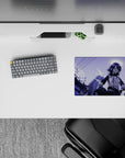 Futuristic anime girl mouse pad 14x10 inches in deep purples and violet haze, late-night arcade mood.
