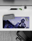 28x12 inches anime girl mouse pad in deep purples and cool violet haze, moody late-night arcade vibe.