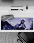 Cool violet haze anime girl mouse pad 32x12 inches with deep purples, soft gradients, late-night vibe.