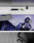 Violet haze neon cyberpunk anime desk pad 36x16 inches with deep purples and soft gradients for a late-night vibe.