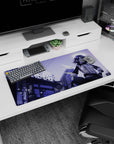 Anime girl holding a basketball under neon wires and city lights on a 32x16 inches extended mouse pad.