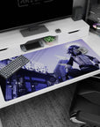 Anime girl in jacket holding a basketball under neon street signs desk pad 40x20 inches.