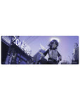 Futuristic anime girl mouse pad 32x12 inches with neon city signs, overhead wires, and bold line art.