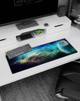 Blue planet edge scene mouse pad 32x12 inches with teal nebula streaks across a starry night backdrop.