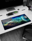 Blue planet on the edge of a swirling nebula 32x16 inches mouse pad, set in deep space starfield.