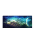 Midnight galaxy nebula desk mouse pad, 28x12 inches, with swirling clouds and planet edge.