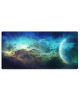 Midnight galaxy nebula desk mouse pad, 32x16 inches, with swirling clouds and starfield accents.