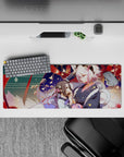 Anime girl mouse pad 32x12 inches in deep teal and warm reds, with gold spark accents and cozy vibe.