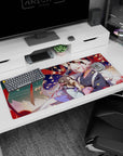 Fox-eared white-haired boy and shy black-haired girl festival desk pad 36x16 inches with petals.