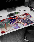 Anime girl desk pad 40x20 inches showing shy black-haired girl with white-haired fox-eared boy at festival.