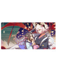 32x16 inches anime girl mouse pad with festival couple, fox-eared boy, lantern glow, teal waves, red swirls.