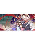 Anime festival scene desk pad 36x16 inches with fox-eared boy, dark yukata, petals and lanterns.