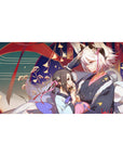 Anime girl desk pad 40x20 inches with festival couple, fox-eared boy in yukata, petals and gold sparks.