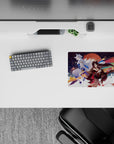 Festival-night anime mouse pad 14x10 inches in crimson, indigo, and gold with dreamy ribbon flow.
