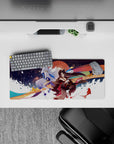 28x12 inches anime mouse pad in crimson and indigo with gold accents, festival-night fireworks mood.