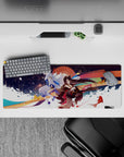 32x12 inches anime girl mouse pad in crimson and indigo with gold accents, festival-night glow and ribbons.