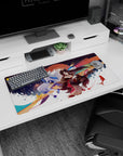 Anime girl mouse pad 32x16 inches showing a red-kimono fox spirit and white-robed guardian amid ribbons.