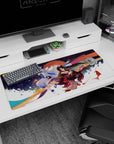 36x16 inches anime girl desk pad featuring a fox spirit and silver-haired guardian amid koi, ribbons, fans.