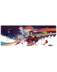 32x12 inches anime girl mouse pad with fox-spirit beauty, silver-haired guardian, fireworks, koi and waves.