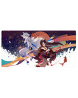 Anime girl mouse pad 32x16 inches with fox-spirit kimono, silver-haired guardian, fireworks, koi, waves.