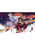 Anime girl desk pad 40x20 inches with fox-spirit kimono, silver-haired guardian, fireworks, koi and waves.