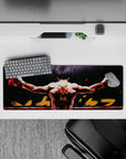 32x12 inches anime mouse pad in deep blacks and smoky grays with hot red sparks, gritty comeback vibe.