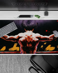 Dark smoky gray and black anime desk pad 40x20 inches with hot red sparks and gritty fight-night mood.