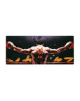 28x12 inches anime mouse pad with a fighter on ring ropes, bold brushstroke back and jagged gold lettering.