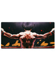 32x16 inches anime mouse pad with fighter back view, arms on ropes, jagged gold lettering, ring shine.