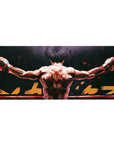 36x16 inches anime desk pad with lone fighter on ropes, bold brushstroke back and jagged gold lettering.